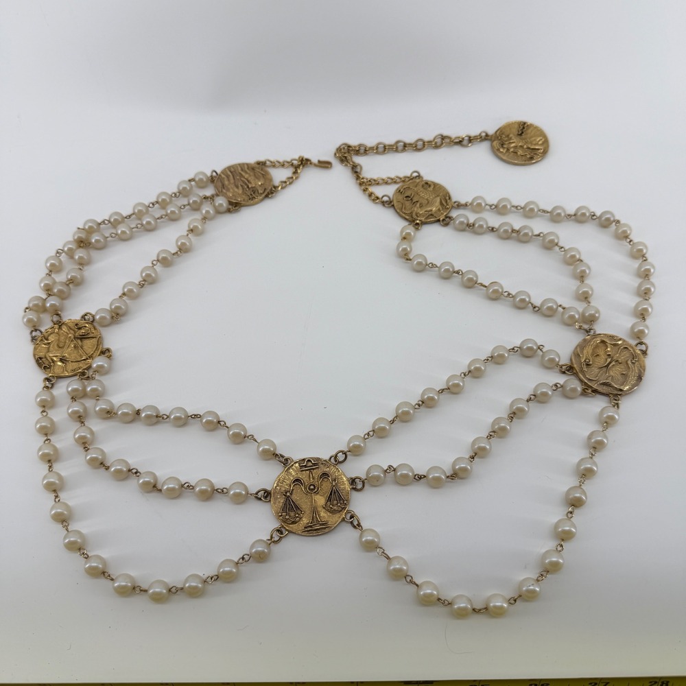 Vintage Gold Zodiac Faux Pearl Chain Belt Libra Sagittarius Pisces Medallion